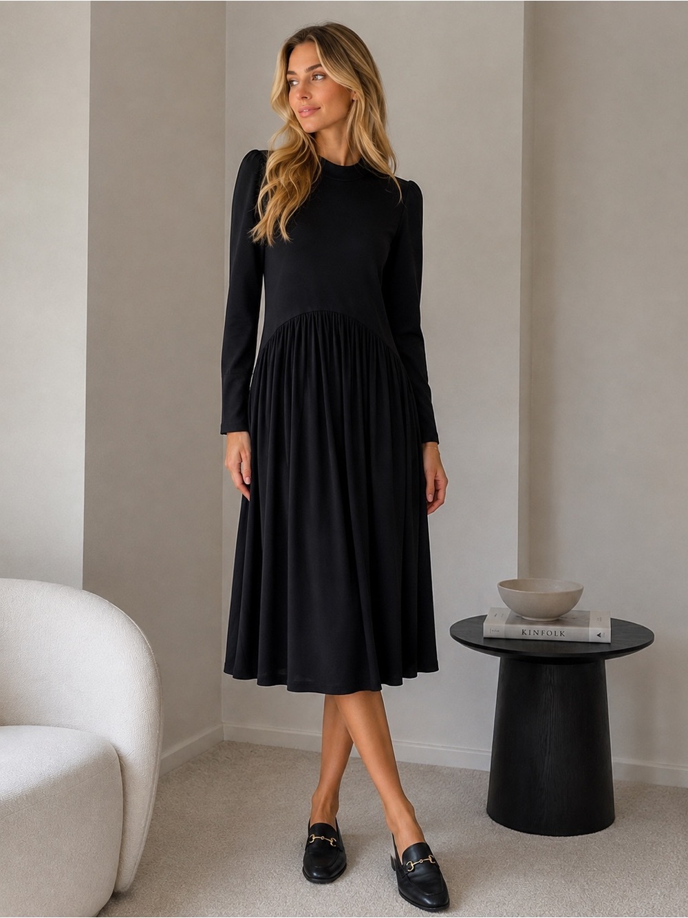 Zara Basic Black Long Sleeve Gathered Midi Dress – Size S